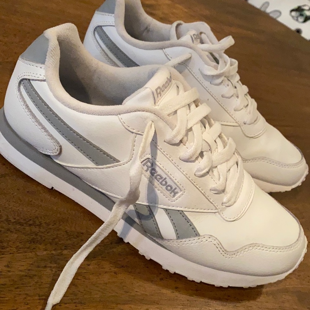 Reebok sneakers.  White, gray stripes.  7.5